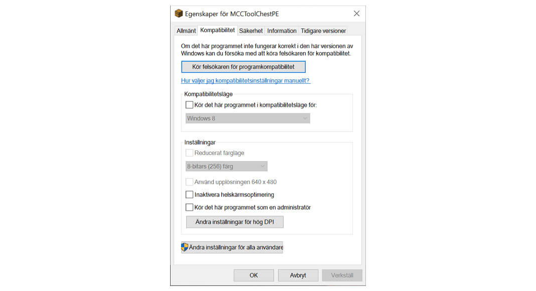 microsoft windows 10 programkompatibilitet egenskaper dialog