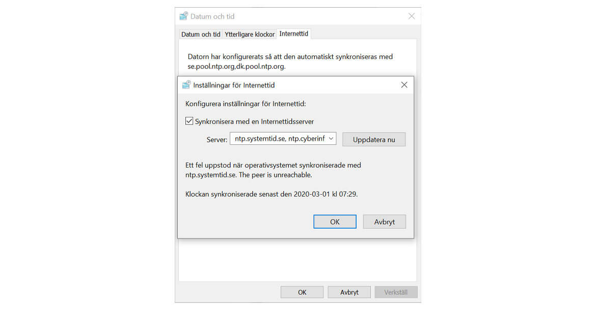 microsoft windows 10 tidssynkroniseringen installningar servrar