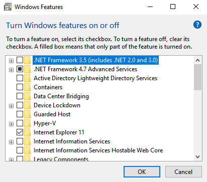 windows 10 features on off net framework